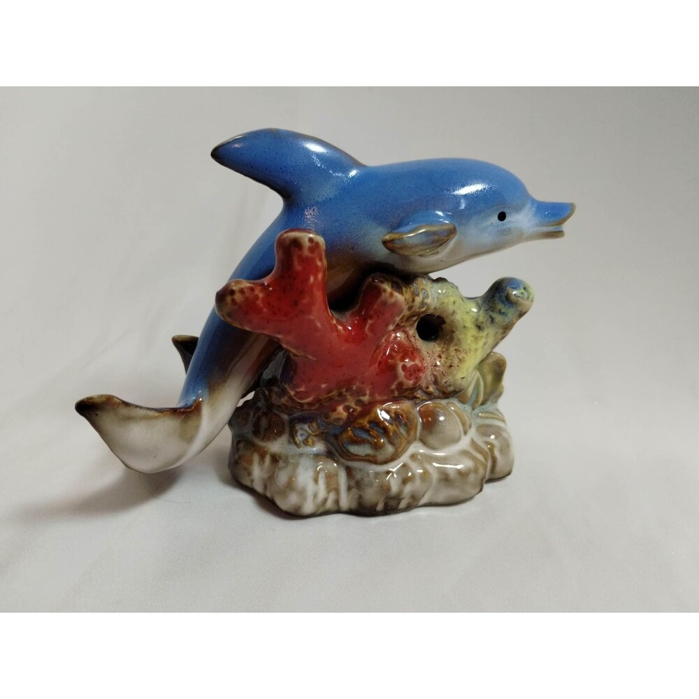 Two Graceful Swimming Over a Reef Dolphins Ceramic Figurine